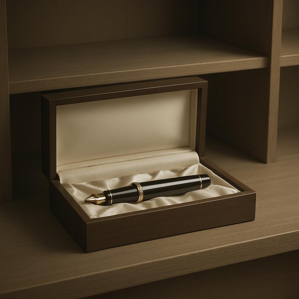 Pen in a brown box, lined with white fabric.