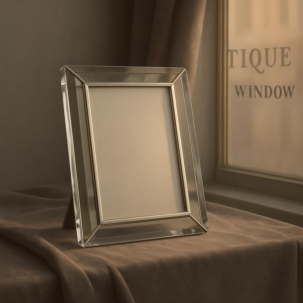 Here is the alt text: "A silver picture frame with a sleek design and decorative accents, sitting on a table in front of a...